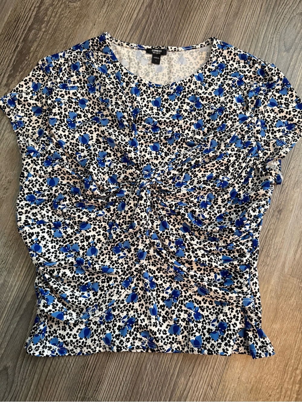 Express White, Blue and Black Floral Twist-Front Short Sleeve Top